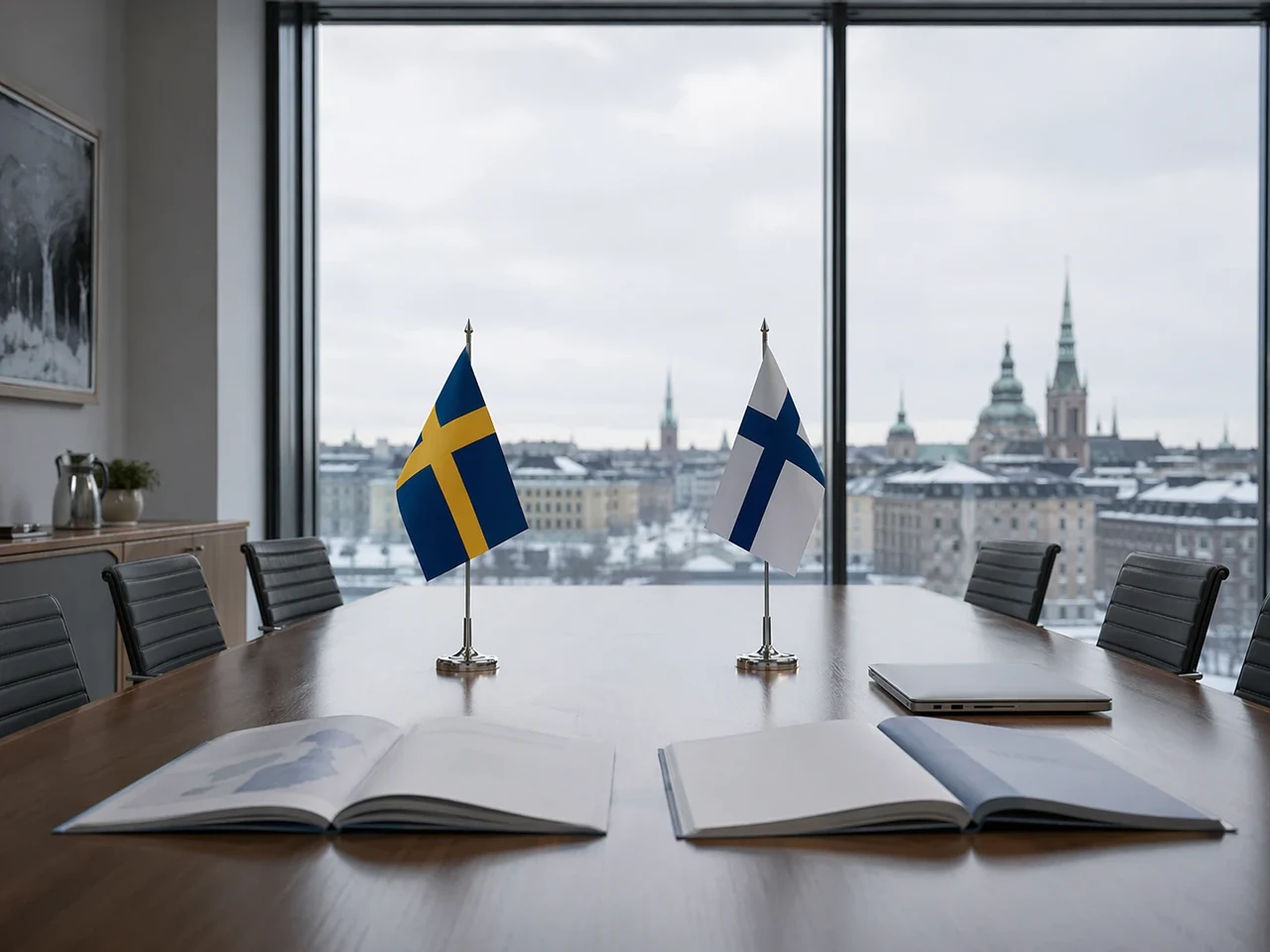 Sveriges och Finlands flaggor på ett styrelsebord med utsikt över en nordisk stad